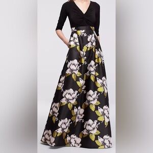 Adrianna Papell Black, Pink, and Green Floral A-Line Skirt